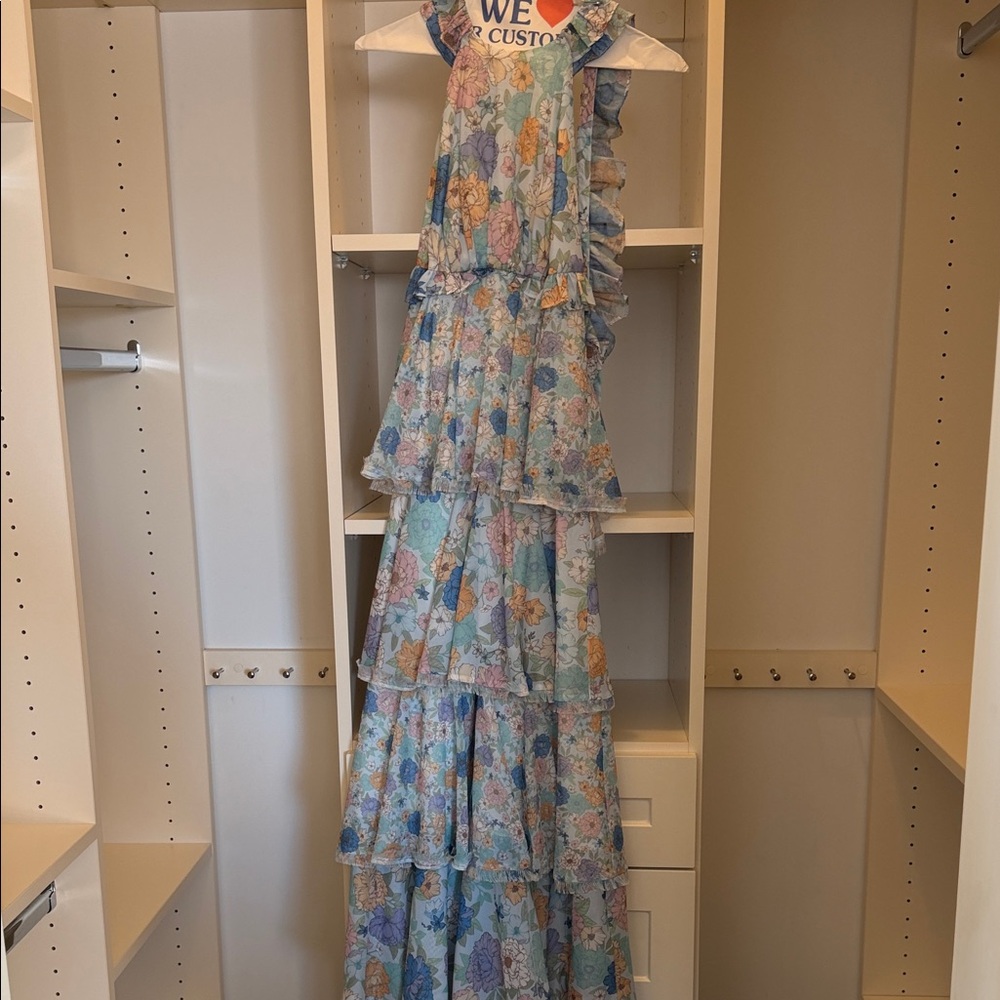 Floral Ruffle Dress with Blue and Orange Accents